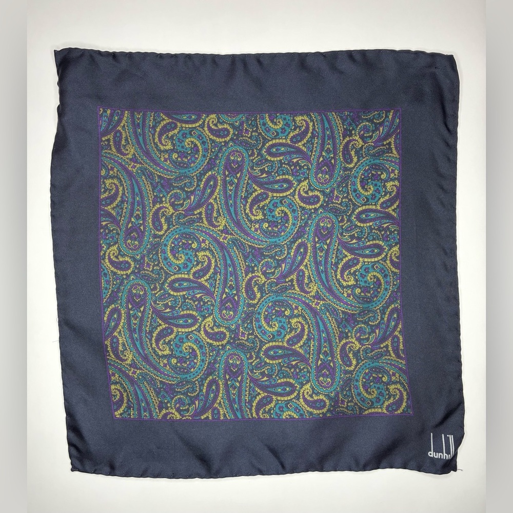 Dunhill Navy Paisley Silk Pocket Square with Teal and Gold Accents